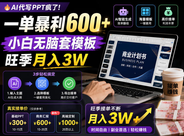 AI代写PPT疯了！一单暴利600+，小白无脑套模板，旺季月入3W，不用苦哈哈引流【揭秘】-惠声资源站