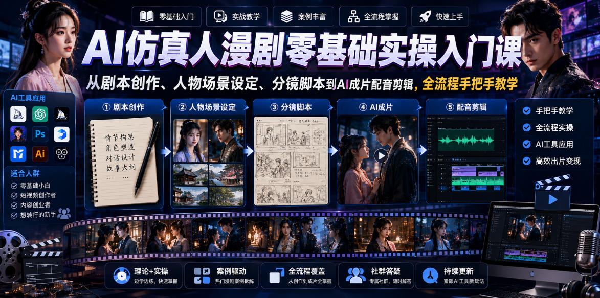AI仿真人漫剧零基础实操入门课，从剧本创作、人物场景设定、分镜脚本到AI成片配音剪辑，全流程手把手教学-惠声资源站
