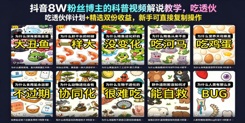 抖音8W粉丝博主的科普视频解说教学，吃透伙伴计划+精选双份收益，新手可直接复制操作-惠声资源站