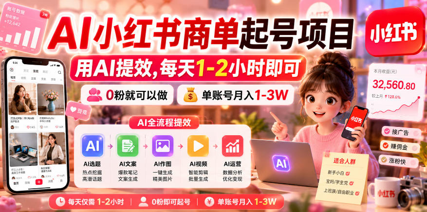 AI小红书商单起号项目，用AI提效,每天1-2小时即可，0粉就可以做，单账号月入1-3W-惠声资源站
