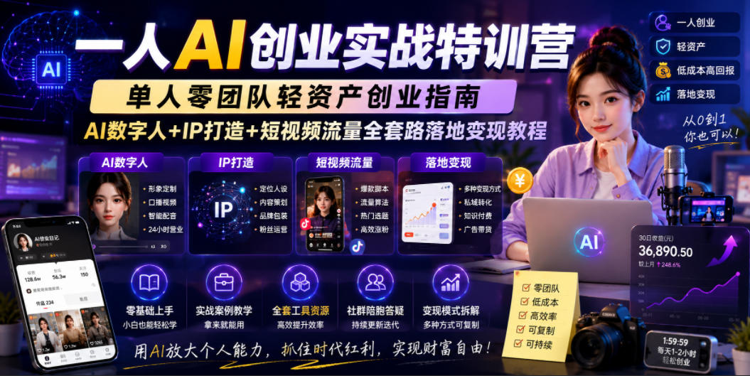 一人AI创业实战特训营，单人零团队轻资产创业指南，AI数字人+IP打造+短视频流量全套路落地变现教程-惠声资源站