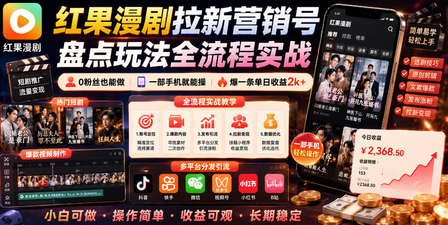 红果漫剧拉新营销号盘点玩法全流程实战，0粉丝也能做，一部手机就能做，爆一条单日收益2k+-惠声资源站