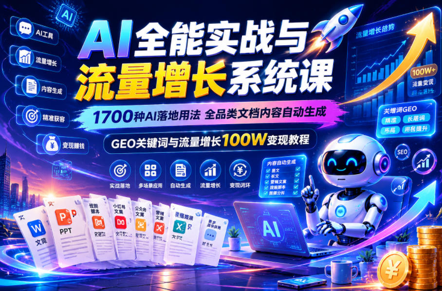 AI全能实战与流量增长系统课，1700种AI落地用法，全品类文档内容自动生成，GEO关键词与流量增长100W变现教程-惠声资源站