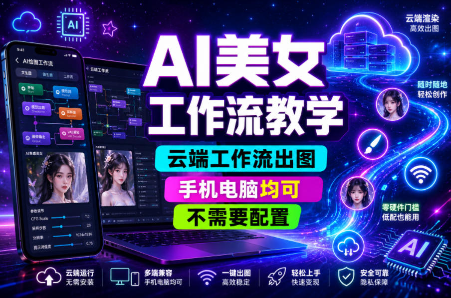 AI美女工作流教学，云端工作流出图，手机电脑均可，不需要配置，快速起号涨粉-惠声资源站