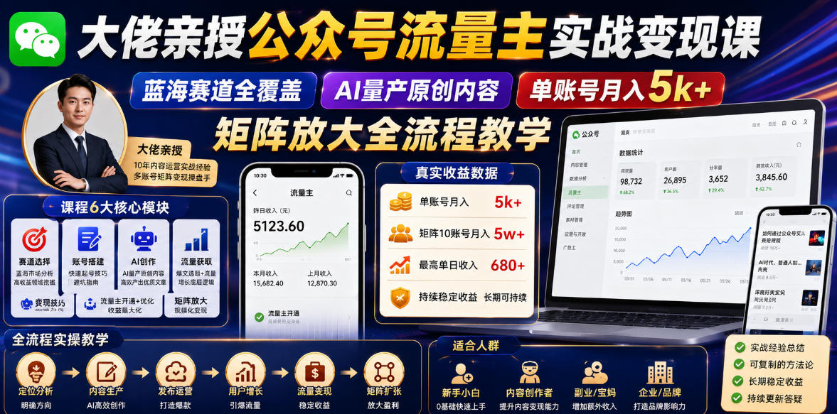 大佬亲授公众号流量主实战变现课，蓝海赛道全覆盖，AI量产原创内容，单账号月入5k+矩阵放大全流程教学-惠声资源站