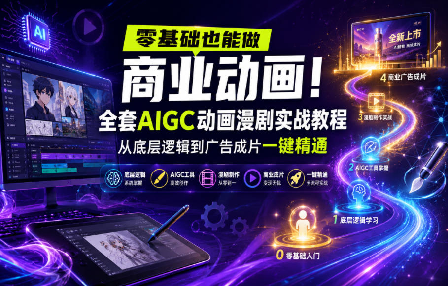 零基础也能做商业动画！全套AIGC动画漫剧实战教程，从底层逻辑到广告成片一键精通-惠声资源站