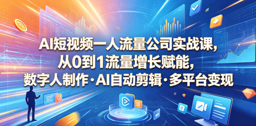 AI短视频一人流量公司实战课，从0到1流量增长赋能，数字人制作・AI自动剪辑・多平台变现，一人做流量生意全落地教程-惠声资源站