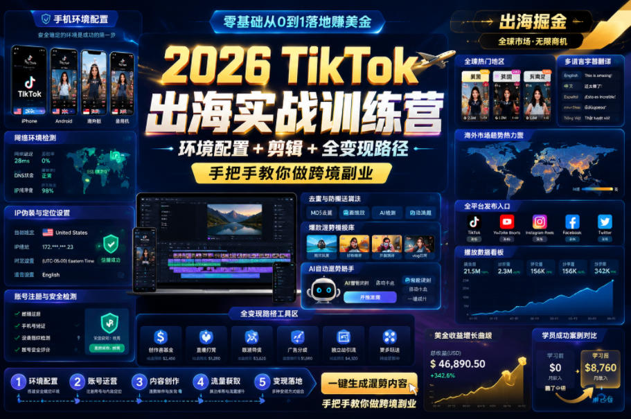 2026 TikTok出海实战训练营，环境配置 + 剪辑 + 全变现路径，手把手教你做跨境副业-惠声资源站