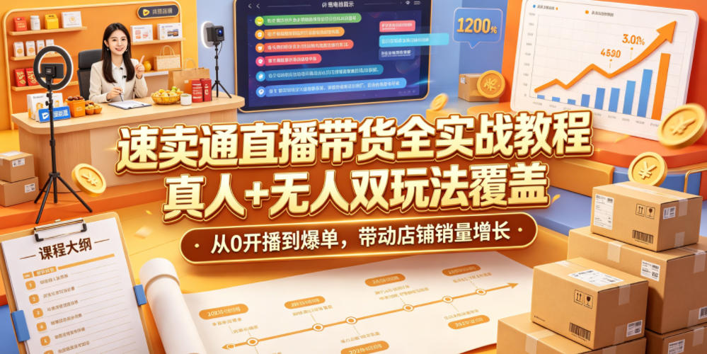 速卖通直播带货全实战教程，真人+无人双玩法覆盖，从0开播到爆单，带动店铺销量增长-惠声资源站