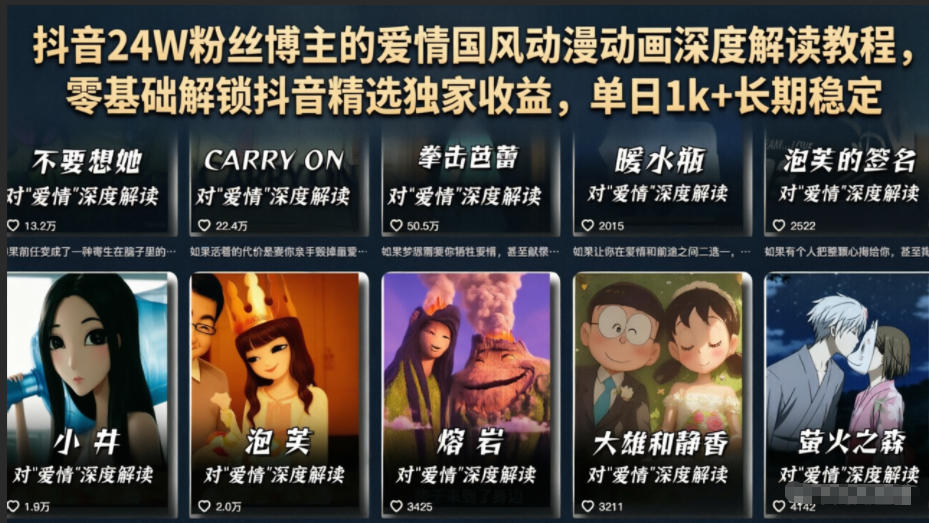 抖音24W粉丝博主的爱情国风动漫动画深度解读教程，零基础解锁抖音精选独家收益，单日1k+长期稳定-惠声资源站