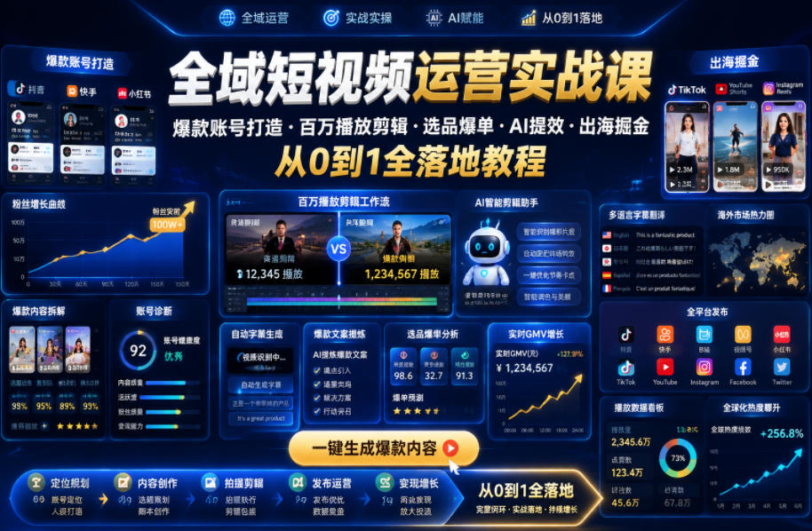 全域短视频运营实战课，爆款账号打造・百万播放剪辑・选品爆单・AI提效・出海掘金，从0到1全落地教程-惠声资源站