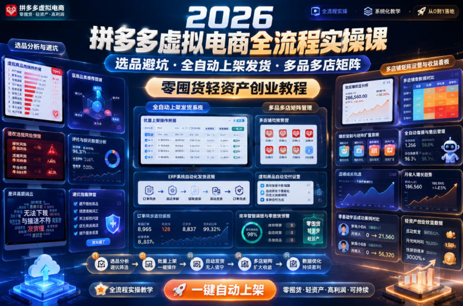 2026拼多多虚拟电商全流程实操课，选品避坑・全自动上架发货・多品多店矩阵，零囤货轻资产创业教程-惠声资源站