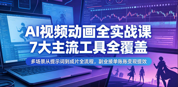 AI视频动画全实战课，7大主流工具全覆盖，多场景从提示词到成片全流程，副业接单账号变现提效-惠声资源站