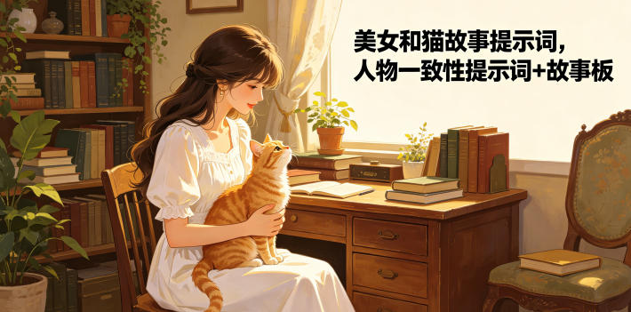美女和猫故事提示词，人物一致性提示词+故事板-惠声资源站