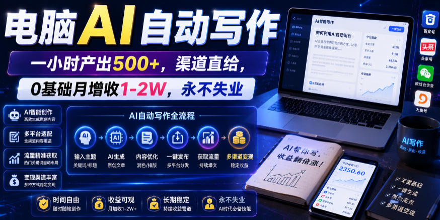 电脑AI自动写作，一小时产出500+，渠道直给，0基础月增收1-2W，永不失业【揭秘】-惠声资源站