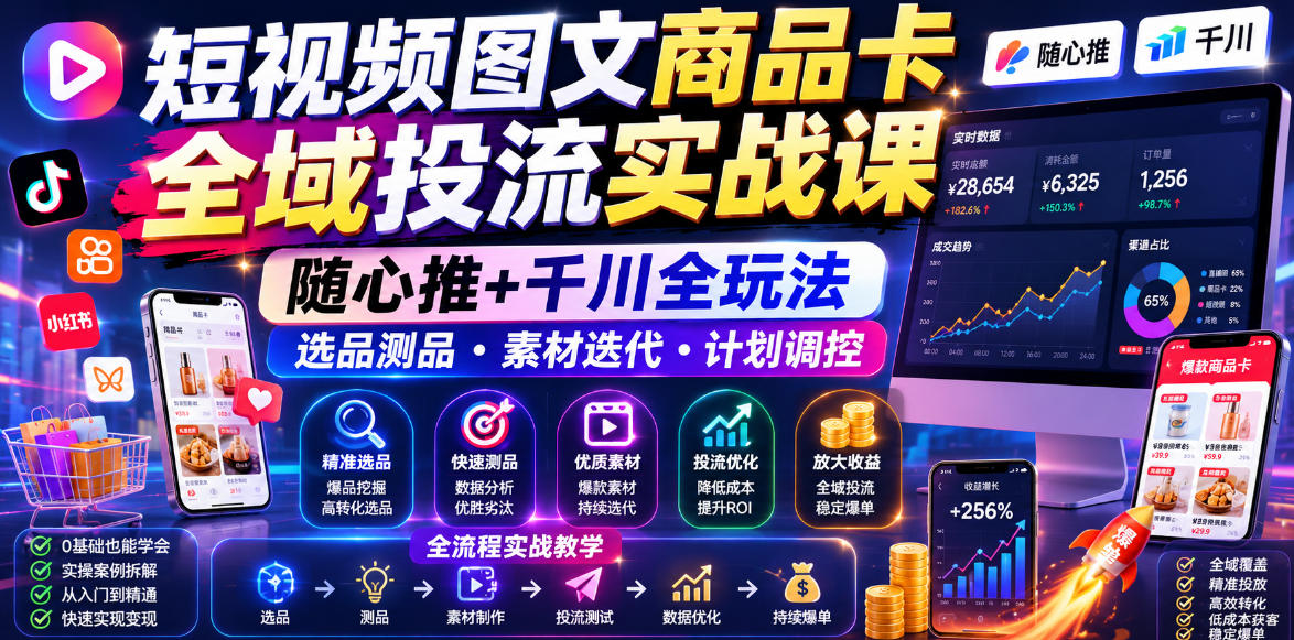 短视频图文商品卡全域投流实战课，随心推+千川全玩法，选品测品・素材迭代・计划调控，提升ROI爆单增收教程-惠声资源站