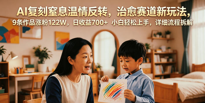AI复刻窒息温情反转，治愈赛道新玩法，9条作品涨粉122W，日收益700+ 小白轻松上手，详细流程拆解-惠声资源站