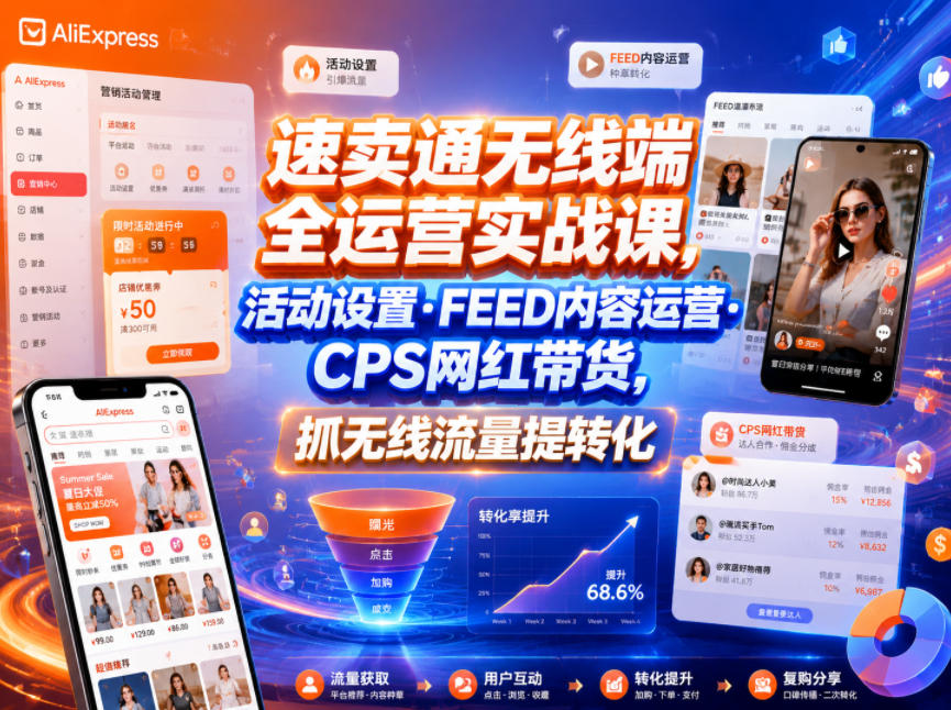 速卖通无线端全运营实战课，活动设置・FEED内容运营・CPS网红带货，抓无线流量提转化-惠声资源站