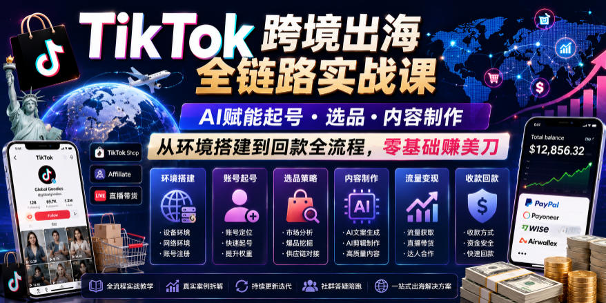TikTok跨境出海全链路实战课，AI赋能起号・选品・内容制作，从环境搭建到回款全流程，零基础賺美刀-惠声资源站