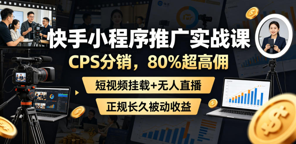 快手小程序推广实战课，CPS分销，80%超高佣，短视频挂载+无人直播，正规长久被动收益-惠声资源站