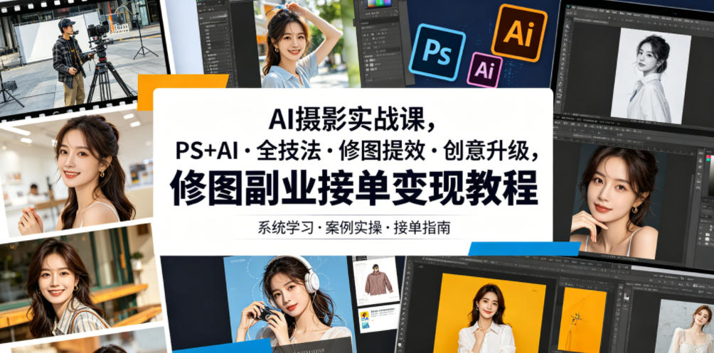 AI摄影实战课，PS+AI・全技法・修图提效・创意升级，修图副业接单变现教程-惠声资源站