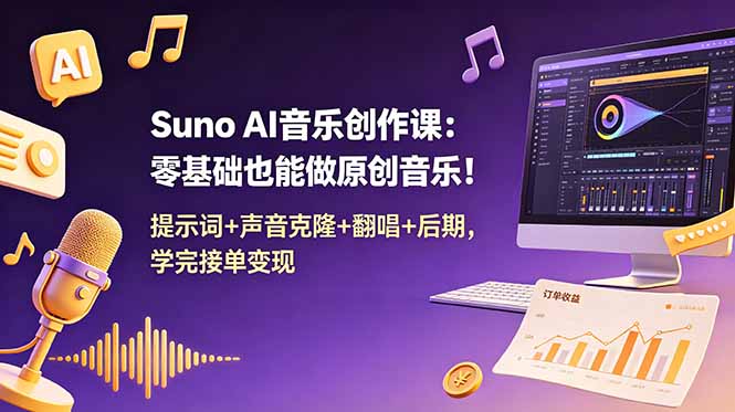 Suno AI音乐创作课：零基础也能做原创音乐！提示词+声音克隆+翻唱+后期，学完接单变现-惠声资源站