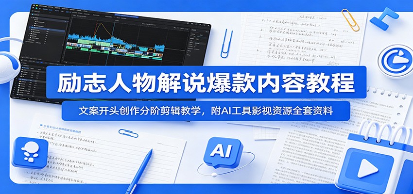 励志人物解说爆款内容教程：文案开头创作分阶剪辑教学，附AI 工具影视资源全套资料-惠声资源站