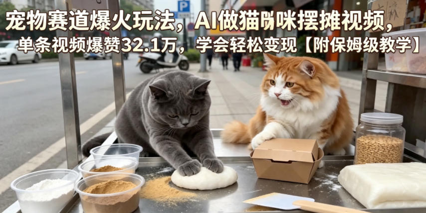宠物赛道爆火玩法，AI做猫咪摆摊视频，单条视频爆赞32.1万，学会轻松变现【附保姆级教学】-惠声资源站
