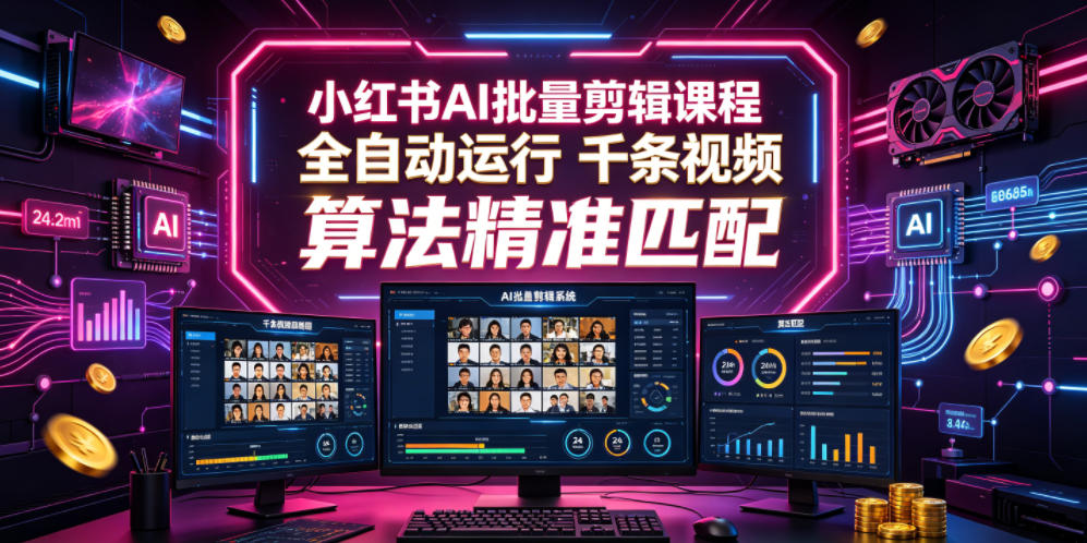 小红书AI批量剪辑课程，24小时全自动运行，解放双手专注运营，千条视频批量处理，小红书算法精准匹配-惠声资源站