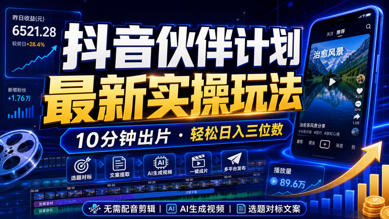 抖音伙伴计划最新暴利玩法，不用找素材和剪辑，10分钟出一条原创视频，轻松日入三位数-惠声资源站