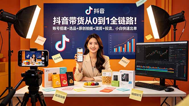 抖音带货从0到1全链路！账号搭建+选品+原创拍摄+混剪+投流，小白快速出单-惠声资源站