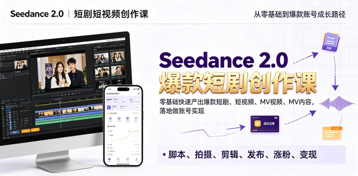 Seedance 2.0短剧短视频创作课，零基础快速产出爆款短剧、短视频、MV内容，落地做账号实现变现-惠声资源站