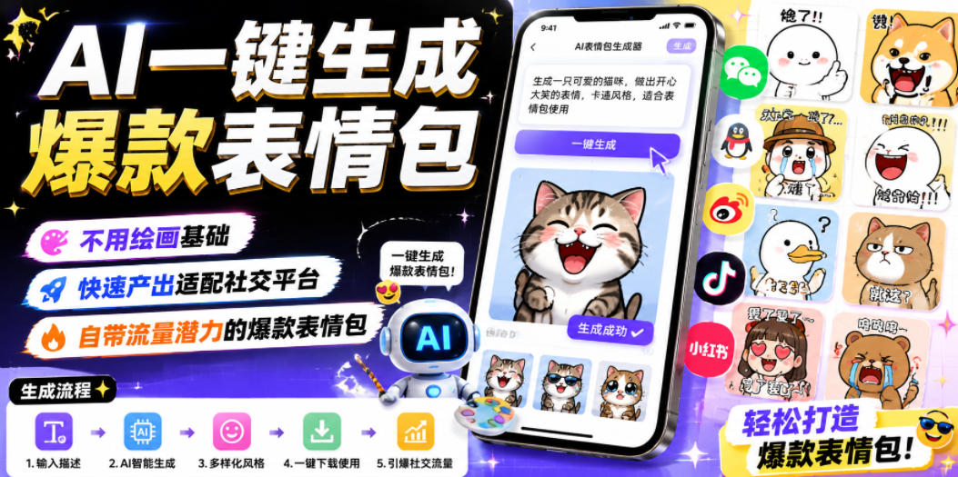 AI一键生成爆款表情包，不用绘画基础，快速产出适配社交平台，自带流量潜力的爆款表情包-惠声资源站