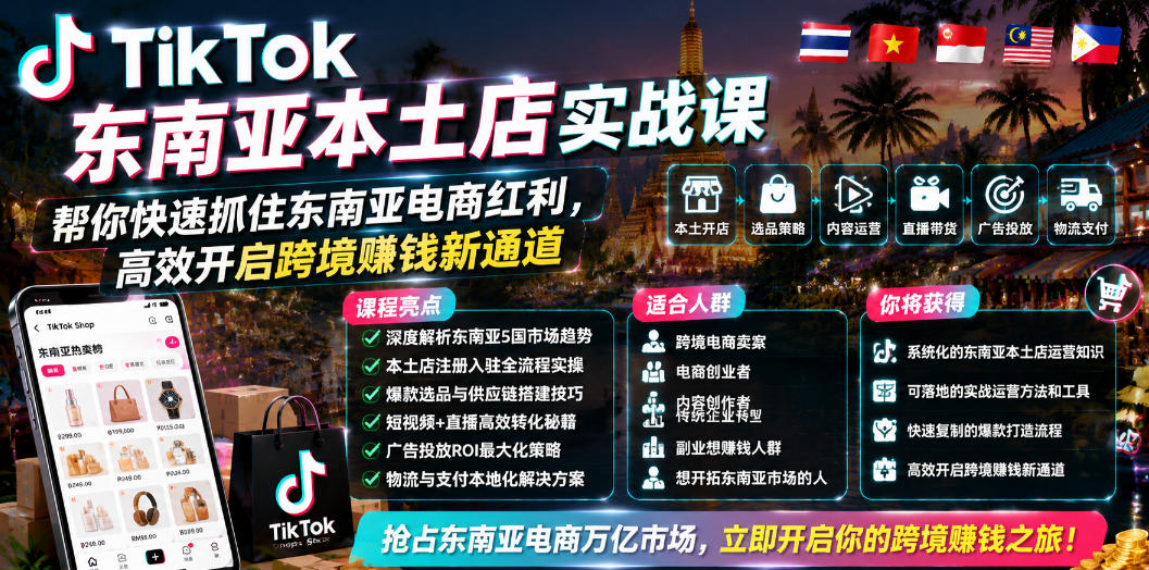 TikTok东南亚本土店实战课，帮你快速抓住东南亚电商红利，高效开启跨境賺钱新通道-惠声资源站
