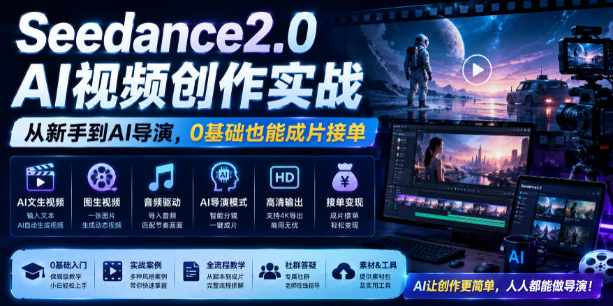 Seedance2.0 AI视频创作实战，从新手到AI导演，0基础也能成片接单变现-惠声资源站