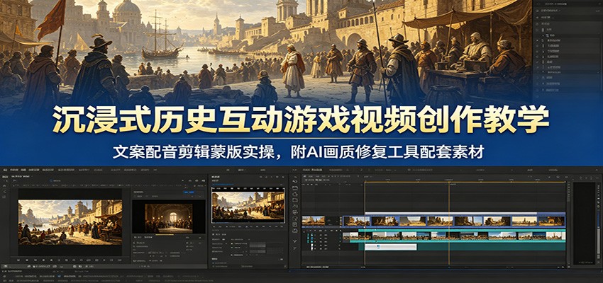 沉浸式历史互动游戏视频创作教学：文案配音剪辑蒙版实操，附AI画质修复工具配套素材-惠声资源站