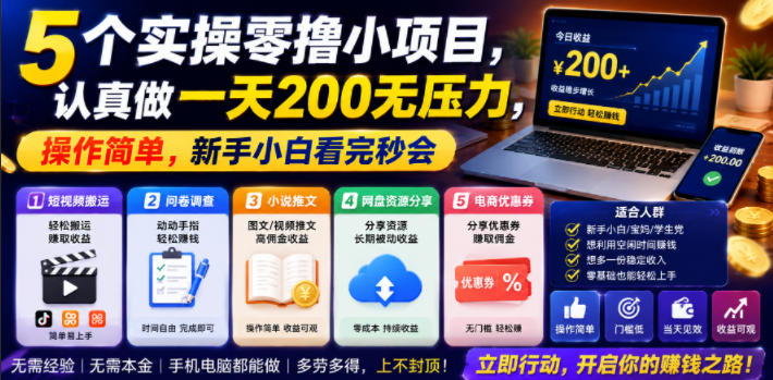 5个实操零撸小项目，认真做一天200无压力，操作简单，新手小白看完秒会【揭秘】-惠声资源站