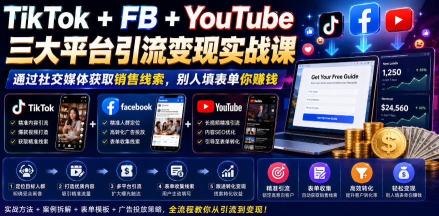 TikTok+FB+YouTube三大平台引流变现实战课，通过社交媒体获取销售线索，别人填表单你賺钱【原创双语字幕】-惠声资源站