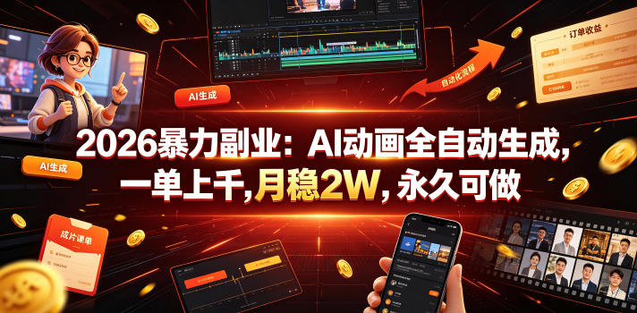 2026暴力副业：AI动画全自动生成，一单上千，月稳2W，永久可做【揭秘】-惠声资源站