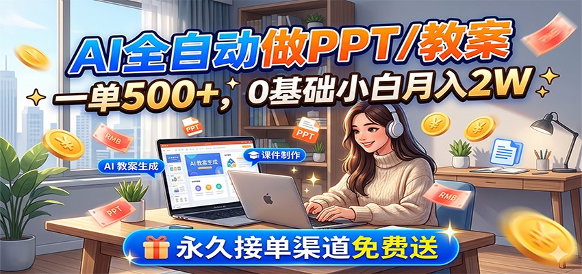 AI全自动做PPT/教案，一单500+，0基础小白月入2W，永久接单渠道免费送-惠声资源站