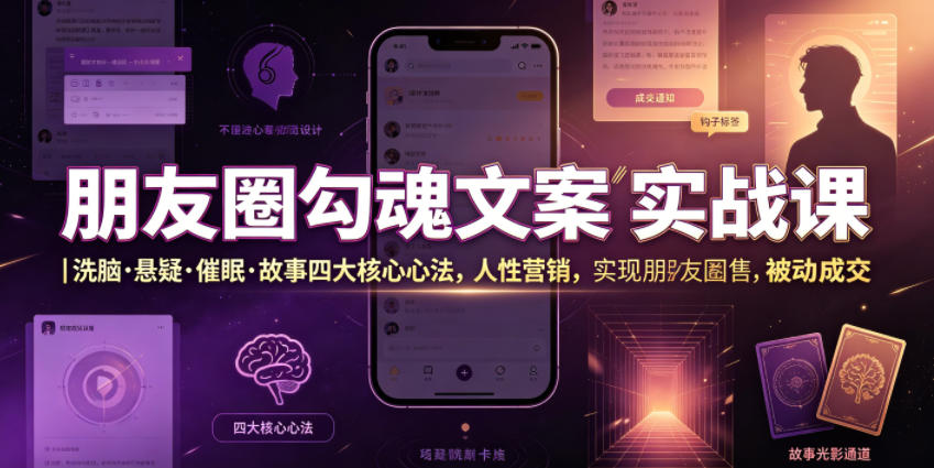 朋友圈勾魂文案实战课｜洗脑·悬疑·催眠·故事四大核心心法，吃透人性营销，实现朋友圈不销而售被动成交-惠声资源站