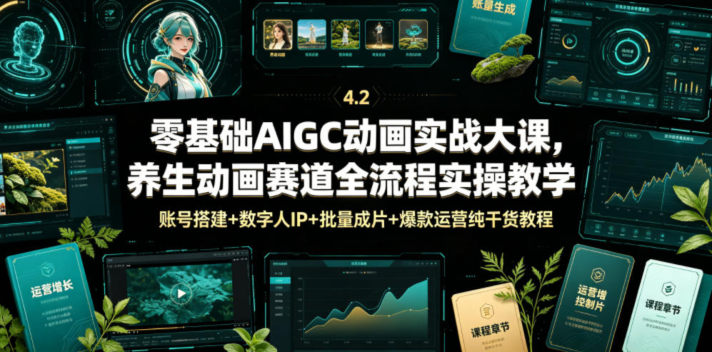 零基础AIGC动画实战大课，养生动画赛道全流程实操教学，账号搭建+数字人IP+批量成片+爆款运营纯干货教程-惠声资源站
