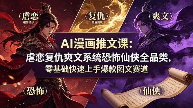 AI漫画推文课：虐恋复仇爽文系统恐怖仙侠全品类，零基础快速上手爆款图文赛道-惠声资源站