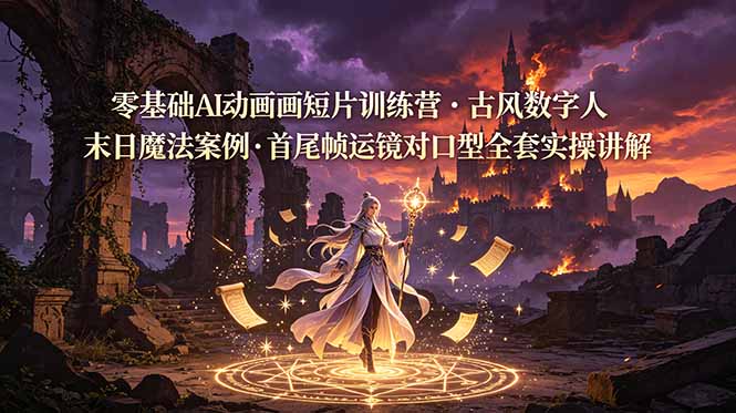 零基础AI动画短片训练营，古风数字人末日魔法案例，首尾帧运镜对口型全套实操讲解-惠声资源站