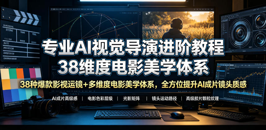 专业AI视觉导演进阶教程，38种爆款影视运镜+多维度电影美学体系，全方位提升AI成片高级感与镜头质感-惠声资源站