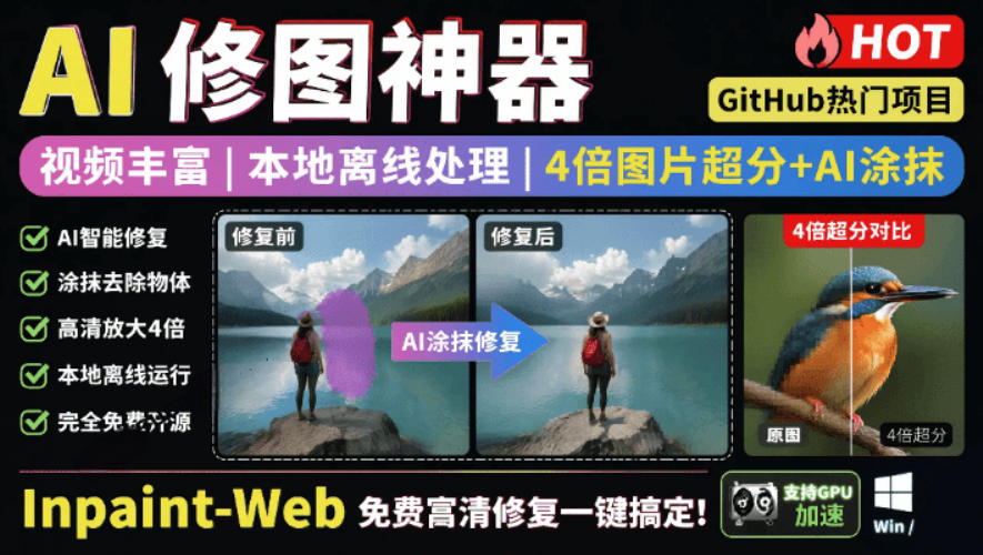 本地离线处理，4倍图片超分+AI涂抹去水印！Github上热门神器，免费高清修复图一键搞定！Inpaint-Web-惠声资源站