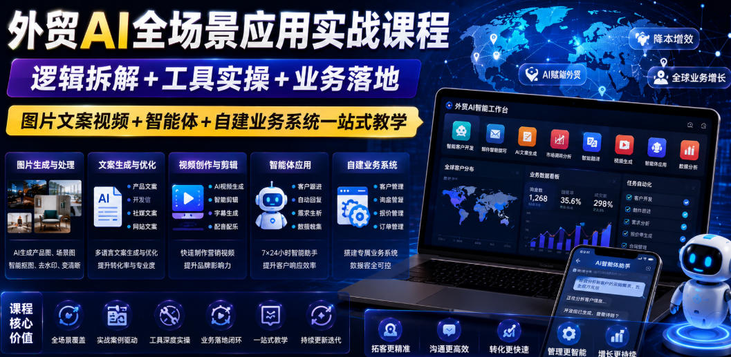外贸AI全场景应用实战课程｜逻辑拆解+工具实操+业务落地，图片文案视频+智能体+自建业务系统一站式教学-惠声资源站