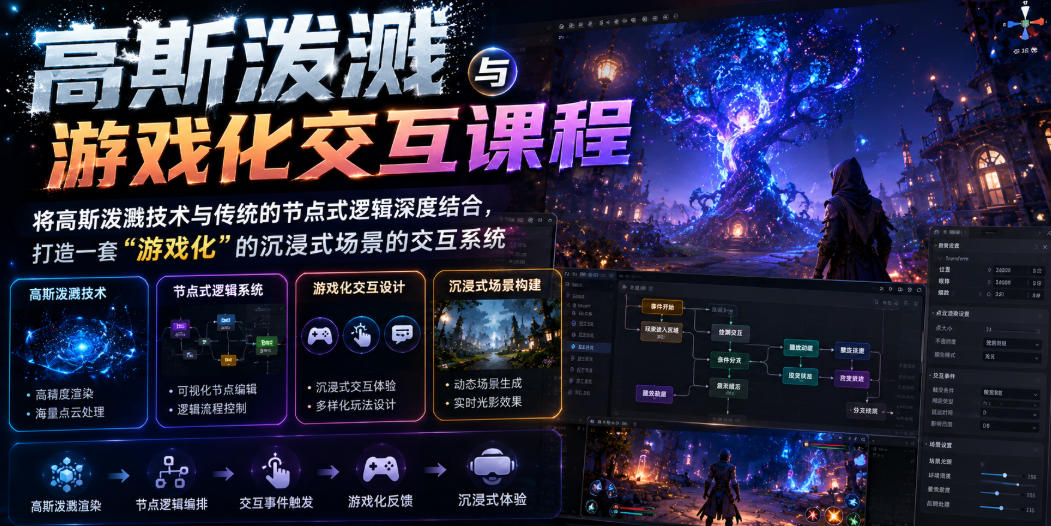 高斯泼溅与游戏化交互课程，将高斯泼溅技术与传统的节点式逻辑深度结合，打造一套“游戏化”的沉浸式场景的交互系统-惠声资源站