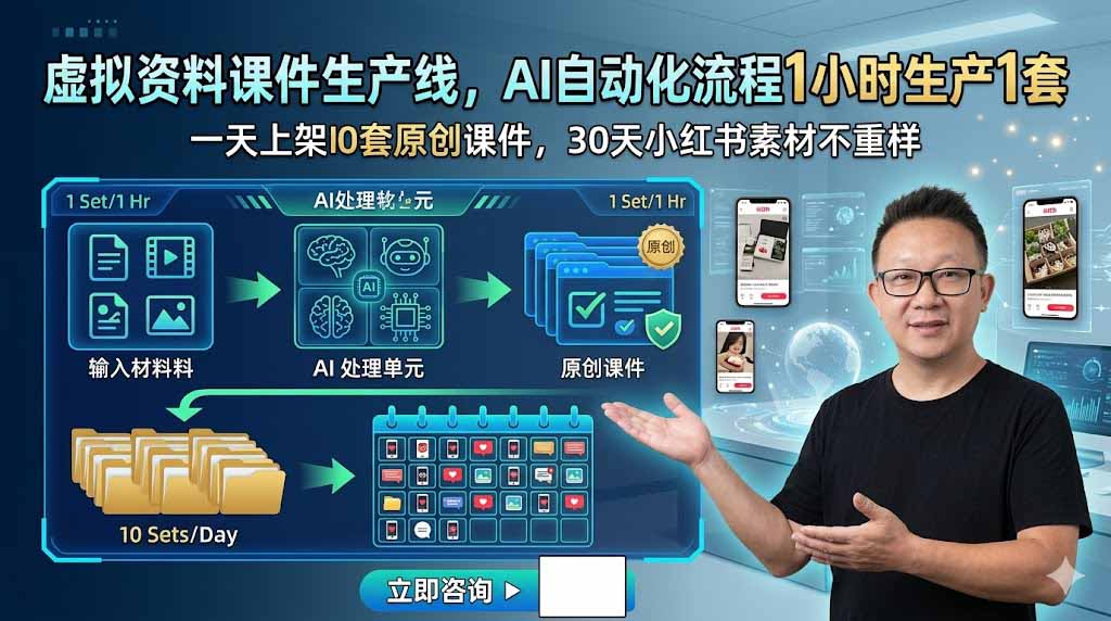 虚拟资料课件生产线，AI自动化流程1小时生产1套，一天上架10套原创课件，30天小红书素材不重样-惠声资源站