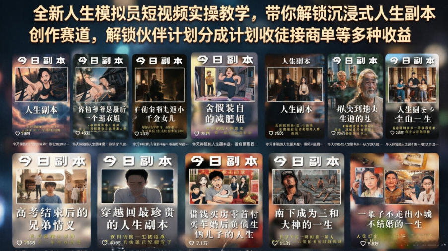 全新人生模拟员短视频实操教学，带你解锁沉浸式人生副本创作赛道，解锁伙伴计划分成计划收徒接商单等多种收益-惠声资源站
